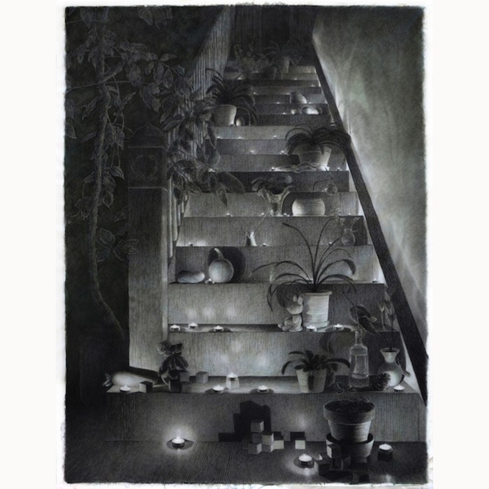 grayscale drawing staircase chiaroscuro plants tea lights