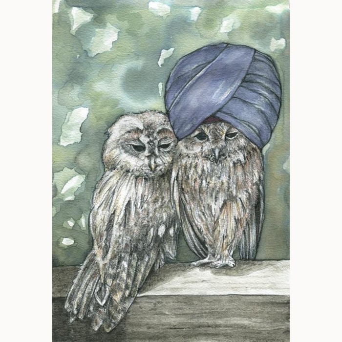 owl drawing wearing a turban watercolor realistic