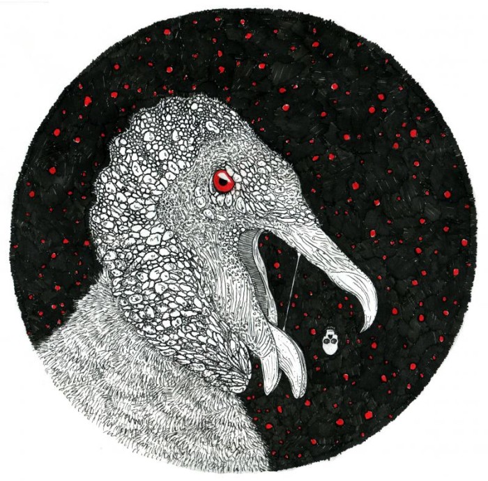 black and white ink drawing of a vulture with red eyes