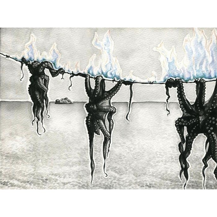 drawing of octopus hanging from line surreal burning over ocean