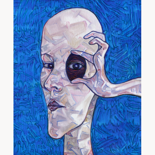 surreal portrait bald woman eye pinching open