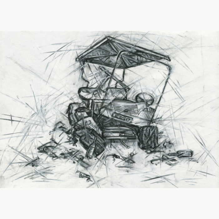 charcoal black and white drawing golf cart smashed