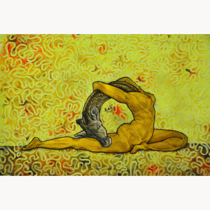 surrealism portrait naked woman golden body giraffe head flexible pigeon pose yoga stretch contortion