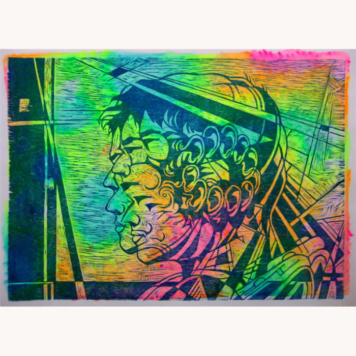 psychedelic trippy linocut neon portrait fractal