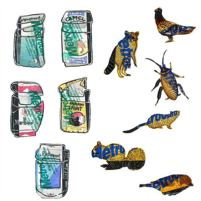 mixed media drawings on metrocards new york nyc subway cutouts animals rat pigeon cockroach cigarette boxes funny