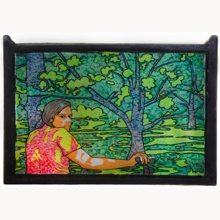 painting of young man looking backwards over shoulder trees woods bicycle window glass frame