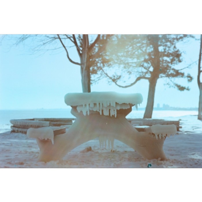 winter frozen scene icicles park bench beautiful snow